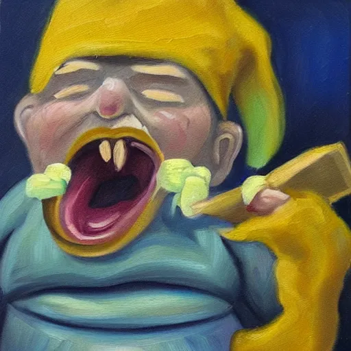 Image similar to oil painting of an angry gnome screaming while eating