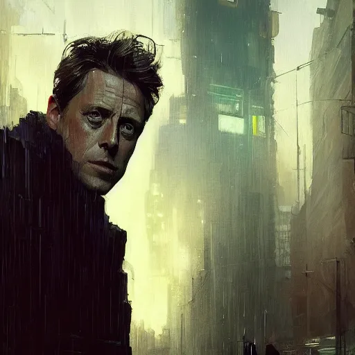 Image similar to hugh grant, hyperrealistic portrait, bladerunner street, art of elysium by jeremy mann and alphonse mucha, fantasy art, photo realistic, dynamic lighting, artstation, poster, volumetric lighting, very detailed face, 4 k, award winning