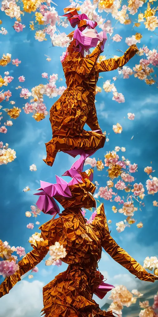 Image similar to <https://s.mj.run/fYu46ryI1Y0> a metropolis made out of origami paper, anthropomorphic tiger woman wearing a flowing tiffany-colored dress, paper origami, many origami sakura flowers, heavenly light, 3D, very detailed, octane render, trending ArtStation, artgem