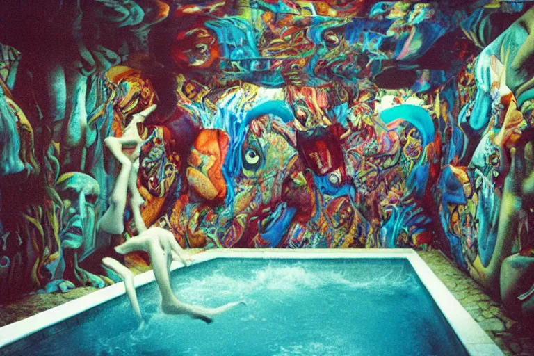 Image similar to 35mm color lomography, last photo, portrait, fashion shoot, weird, random, strange, spooky, hyperdetailed, photorealistic, high fashion, interesting, swimming pool, david cronenberg, by Jacek Yerka ,Mariusz Lewandowski