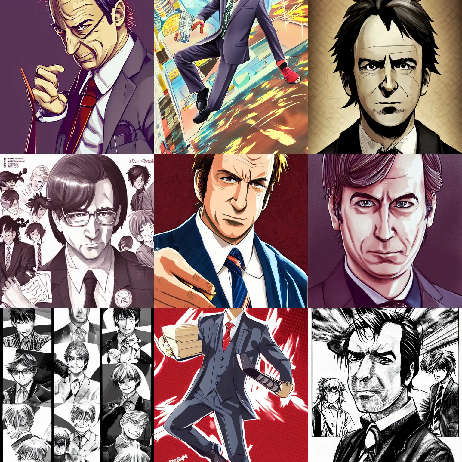 Prompt: amazing and highly detailed professional illustration of saul goodman as a shounen manga character, smooth, artstation