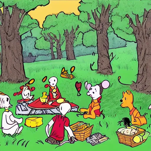 Image similar to illustration of zombie picnic in the style of Winnie the Pooh A. A. Milne