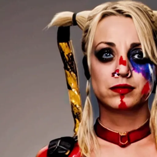 Image similar to A still of Kaley Cuoco as Harley Quinn