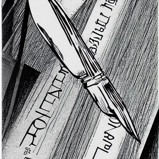 Image similar to a product photo ad of a technical rollerball reed pen exacto knife by junji ito, ethereal eel