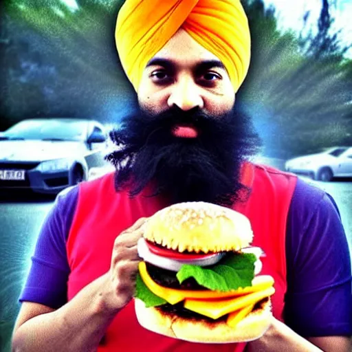 Image similar to sikh eating burger, still from dragonballz style