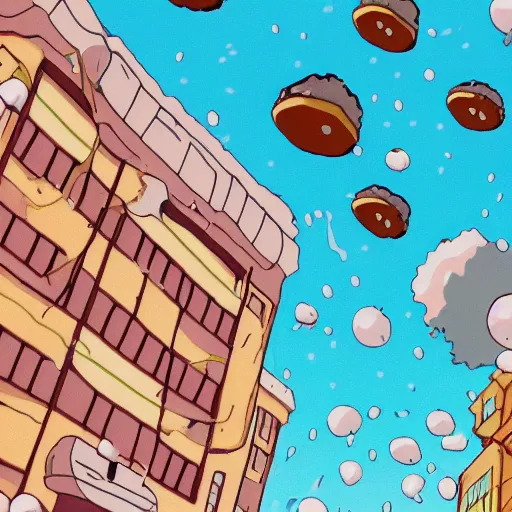 Image similar to raining donuts on a city in a studio ghibli animation