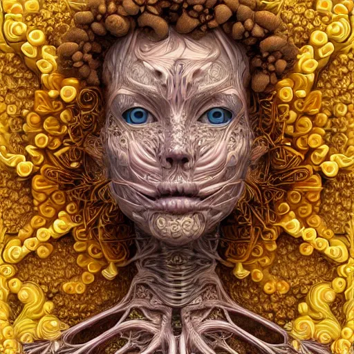 Image similar to beatifull frontal face portrait of a woman, 150mm, anatomical, flesh, flowers, mandelbrot fractal, symmetric, intricate, elegant, highly detailed, ornate, ornament, sculpture, elegant , luxury, beautifully lit, ray trace, octane render in the style of peter Gric and alex grey