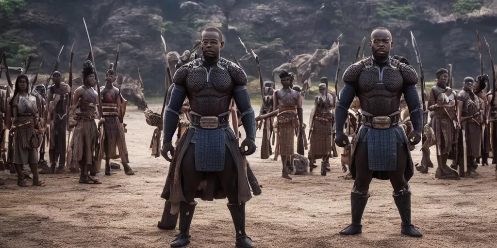 Image similar to a film still of a black man starring in a japanese blockbuster film as ancient samurai in the city of wakanda, shallow depth of field, cinematic, award winning cgi, vfx, film still