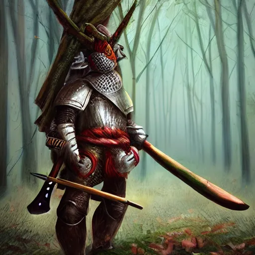 Image similar to a woodland knight made of wood holding a giant club, in a dark forest, digital art, high quality render, artstation, 8 k, photograph quality, ultrahd, in the style of dungeons and dragons