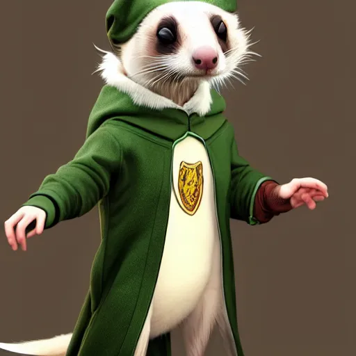 Image similar to a anthropomorphic ferret is dressed as a hogwarts student in slytherin robes, hyperdetailed, artstation, cgsociety, 8 k