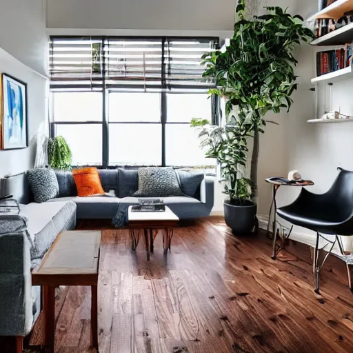 Image similar to award winning interior design city apartment, cozy and calm, fabrics and textiles, colorful accents, hardwood floors, book shelf, couch, desk, balcony door, plants, photograph magazine, wide angle