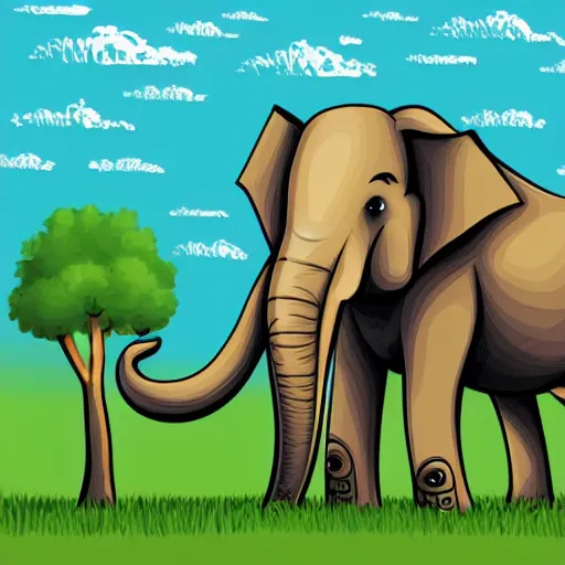 Image similar to a elephant on a green meadow, Anthropomorphized, portrait, highly detailed, colorful, illustration, smooth and clean vector curves, no jagged lines, vector art, smooth