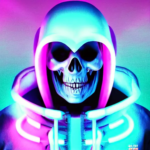 Image similar to skeletor in hoodie, portrait, vaporwave, synthwave, neon, vector graphics, cinematic, volumetric lighting, f 8 aperture, cinematic eastman 5 3 8 4 film, photorealistic