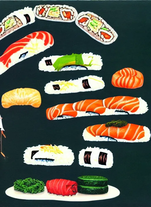 Image similar to dadaist, surrealist painting of disproportionate sushi