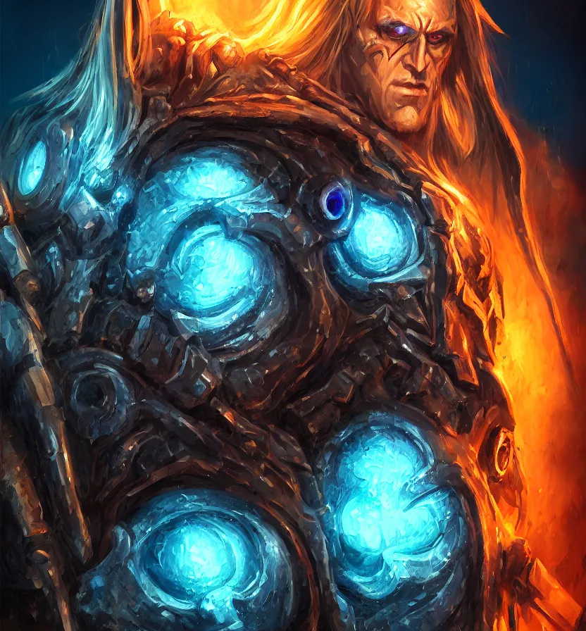 Prompt: coherent portrait of chaos lord arthas, strong brush stroke, illustration, sinister illumination, glowing eyes, artstation, by heraldo ortega