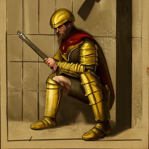 Image similar to A pale young man stands kneeling inside a prison cell. Clad in shining armor prays to a God others would have long abandoned. Sunshine lightly grazes his cheeks as he prays, his broken spear used as a cross to focus on. The knight's expression is sad, pensive, but resolute, decisive and stubborn. Portrait.