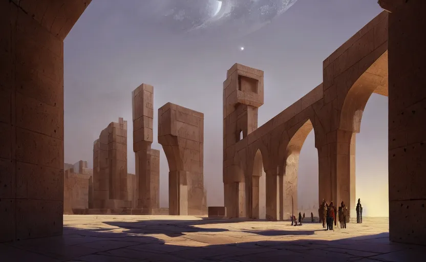 Image similar to exterior shot of utopian ancient persian architecture with cinematic lighting by zaha hadid peter zumthor and renzo piano, darek zabrocki and greg ruthkowski, simon stalenhag, cinematic, holy place, paradise, scifi, futurism, atmospheric, concept art, artstation, trending on artstation