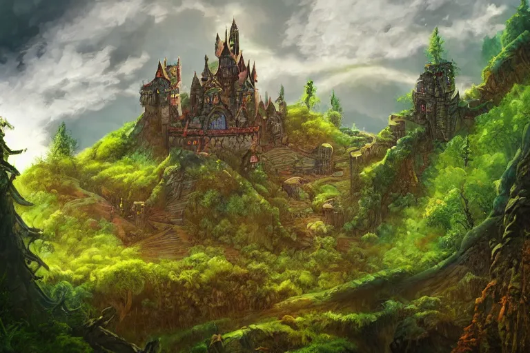 Image similar to cell shaded image of a fantasy single small castle, highly detailed, on lush green hills with a forest in the background, digital illustration, by Tony Sart, by Anato Finnstark