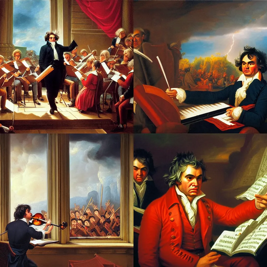 Prompt: beethoven conducting an orchestra, windows in the background showing thunder outside, hyperrealistic, hyperdetailed oil painting, warm colors, colorful