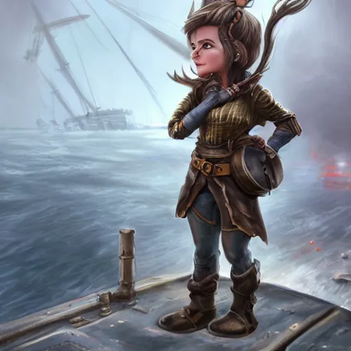 Image similar to full body portrait of a scrappy female gnome engineer with pixie undercut hair, one of her arms is a prosthetic metal thunder gauntlet, standing on a ship deck, naval background, fantasy, D&D, highly detailed, digital painting, HD, trending on ArtStation, dark fantasy, great composition, concept art, matte, sharp focus, illustration, by Greg Rutkowski