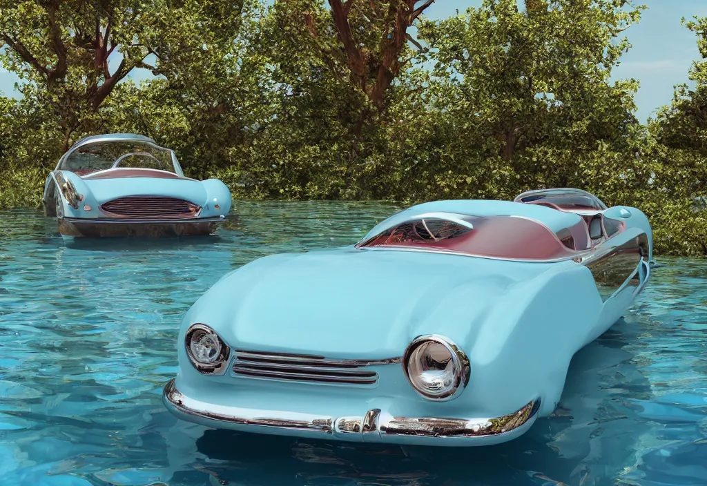 Prompt: art installation of a 50s sport car floating on a pool of bright water. (((complementary colors. national geographic. 8k, rendered in octane, smooth gradients. soft natural volumetric cinematic light. subsurface scattering. sculpture by antonio canova.)))