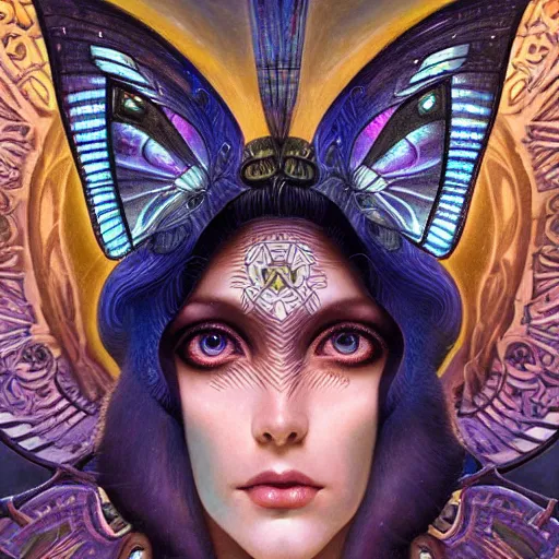 Image similar to beautiful closeup portrait of an art deco fairy queen, glowing eyes. reflective detailed textures, moth wings, highly detailed dark fantasy science fiction painting by donato giancola and peter mohrbacher and nicholas roerich and diego rivera, elaborate geometric ornament, ancient runes, silver and cool colors. artstation