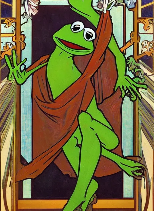 Prompt: handsome kermit the frog muscular full body portrait alphonse mucha outsider art