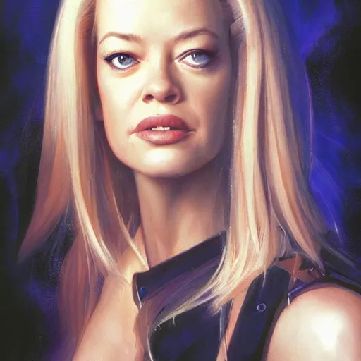 Image similar to Portrait of a 25 year old Jeri Ryan as the heroine of a 1990s sci-fi movie poster art by Ruan Jia and Mandy Jurgens and Artgerm and william-adolphe bouguerea, highly detailed, trending on artstation, award winning,