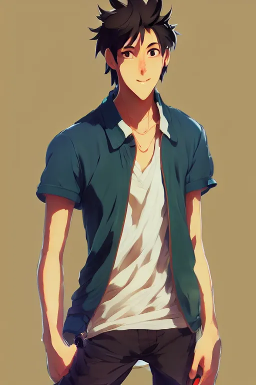 Image similar to concept art of a male guy in his mid twenties, street clothes, hawaiian t - shirt, vice city, shinkai makoto studio ghibli studio key hideaki anno sakimichan stanley artgerm lau rossdraws james jean marc simonetti elegant highly detailed digital painting artstation pixiv