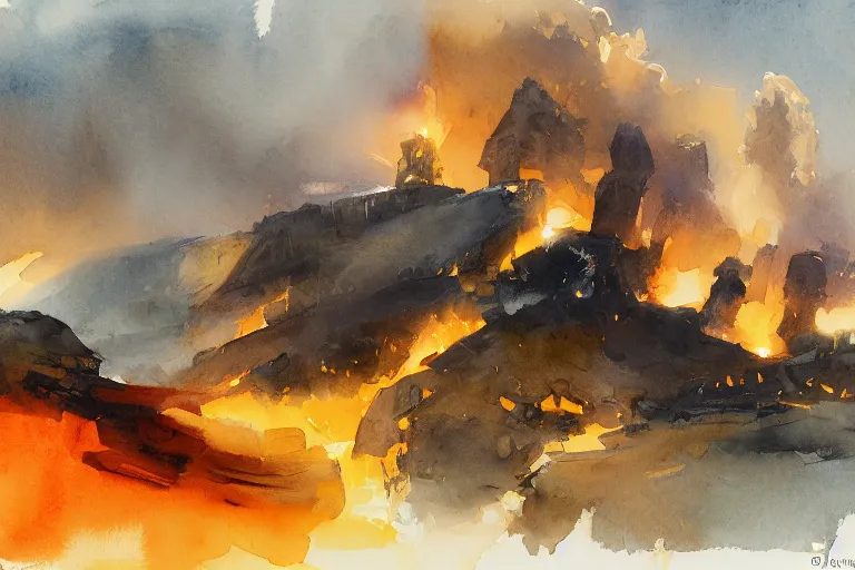 Image similar to small centered on watercolor paper, paint brush strokes, abstract watercolor painting of iron forge, glowing hot metal, molten orange lava, midday sharp light, dust, cinematic light, american romanticism by hans dahl, by jesper ejsing, by anders zorn, by greg rutkowski, by greg manchess, by tyler edlin