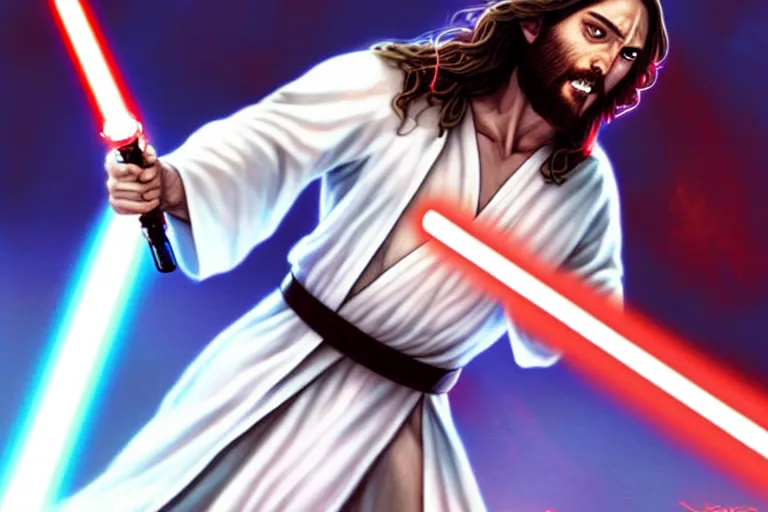 Prompt: jesus christ in a white robe fighting demons with, a lightsaber ; art by artgerm ; digital art ; character art ; star wars