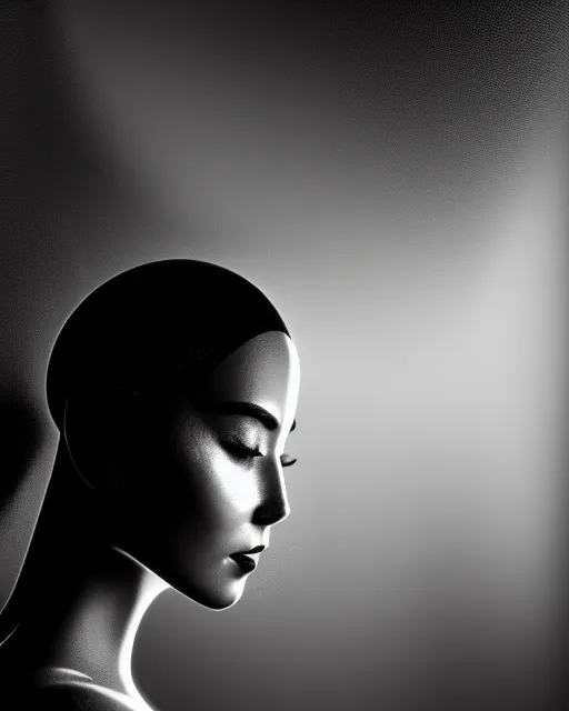 Image similar to black and white high quality photo of a female AI-queen-dragon-meshes-cyborg looking into a sci-fi mirror, volumetric lighting, brutalism, foggy, dreamy, hyperdetailed, bokeh, photorealistic, cinematic, masterpiece, elegant, dark, in the style of Horst P. Horst, octane render, 8K,