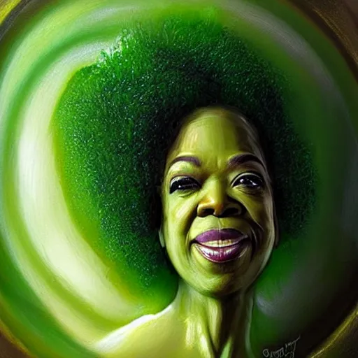 Image similar to a dish of oprah winfreys face fused with okra veg with green stalky ( ( green oprah winfrey's face ) ), oprah okra winfrey sentient veg, by greg rutkowski