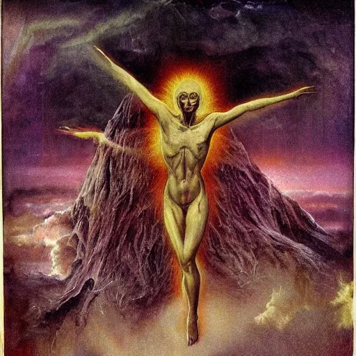 Image similar to firmament divine haze of body transforming through flesh threshold becoming
