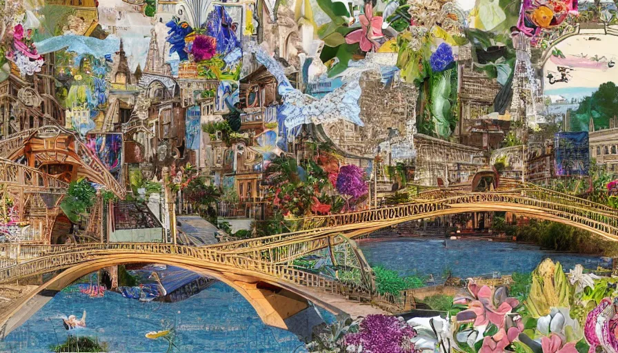 Image similar to detailed bridge with unexpected maximalist elements. 8x HD mixed media 3D collage in the style of an hyperdetailed childbook illustration in soft natural tones. matte background no frame HD