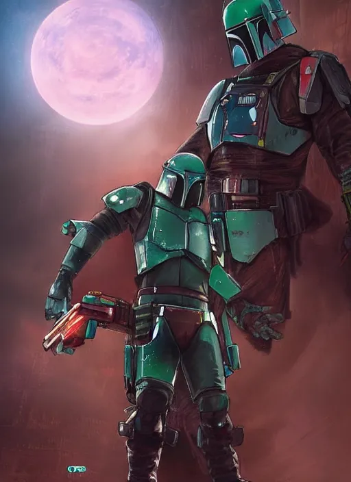 Prompt: cyberpunk x boba fett, digital art, character mashup, epic lighting, combination art