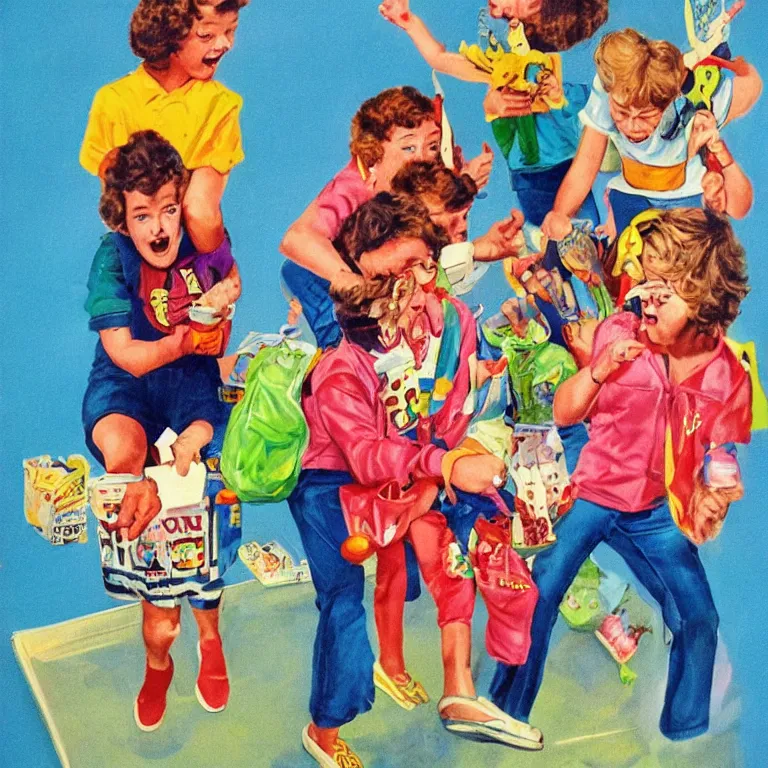 Prompt: kids who snuck out meeting at the carnival, detailed 1980s realistic advertising illustration