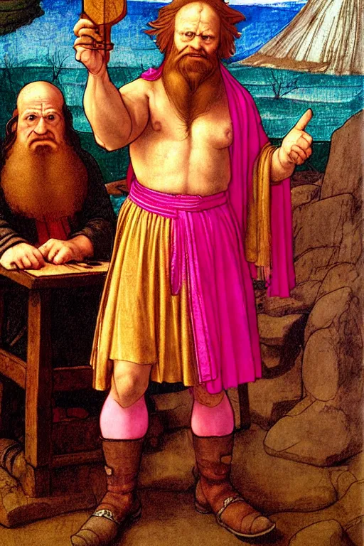 Prompt: male dwarfish cleric wearing only boots and a pink skirt, holding a holy symbol, he is preaching, he looks like he is insane. the background is a friendly tavern. The mood is friendly and welcoming. dungeons and dragons, highly detailed, digital painting, artstation, concept art, sharp focus, illustration, art by Leonardo da Vinci and Michelangelo and Botticelli