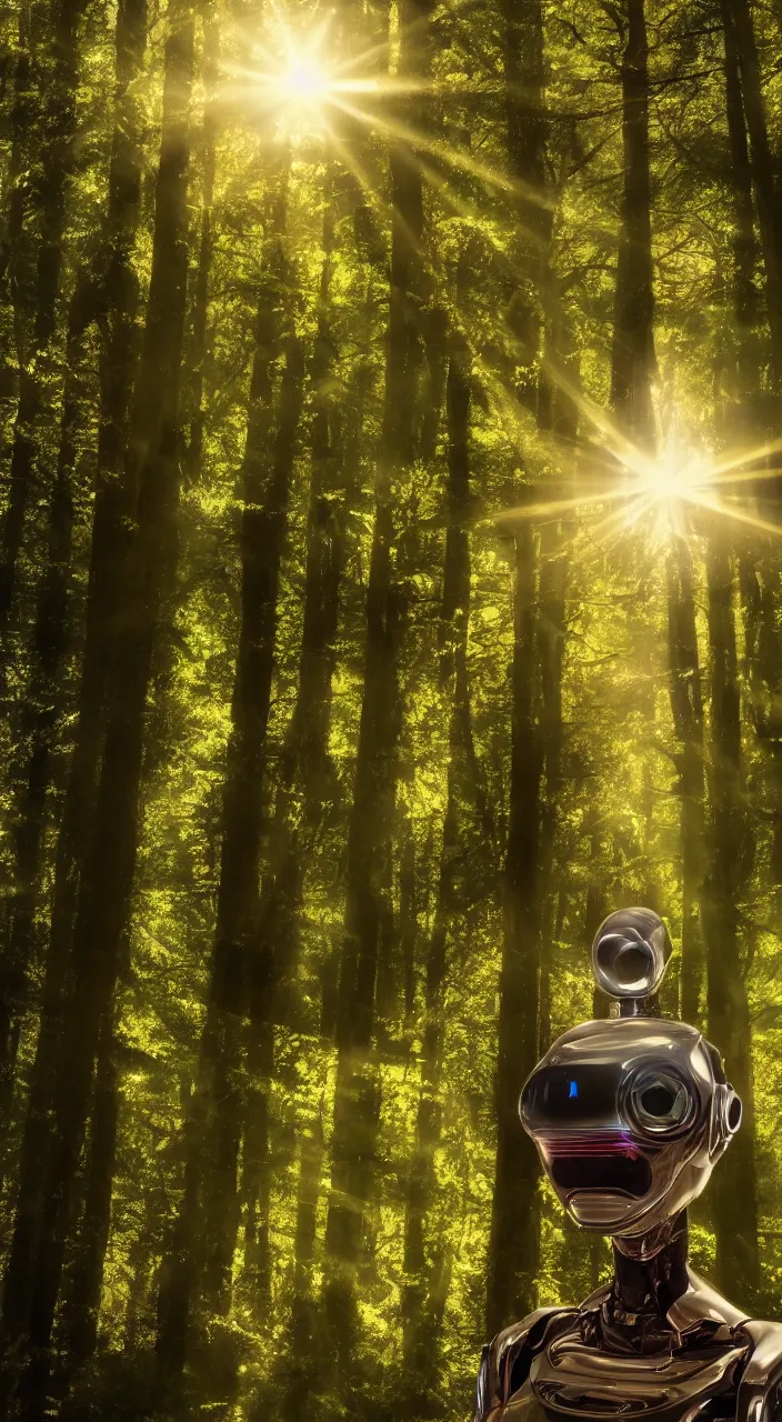 Image similar to a robot portrait in a movie, forest, cinematic shot, sun beams