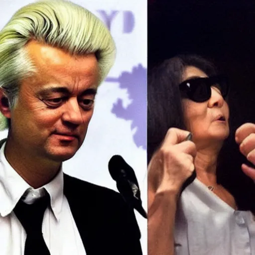 Prompt: geert wilders and yoko ono jamming out