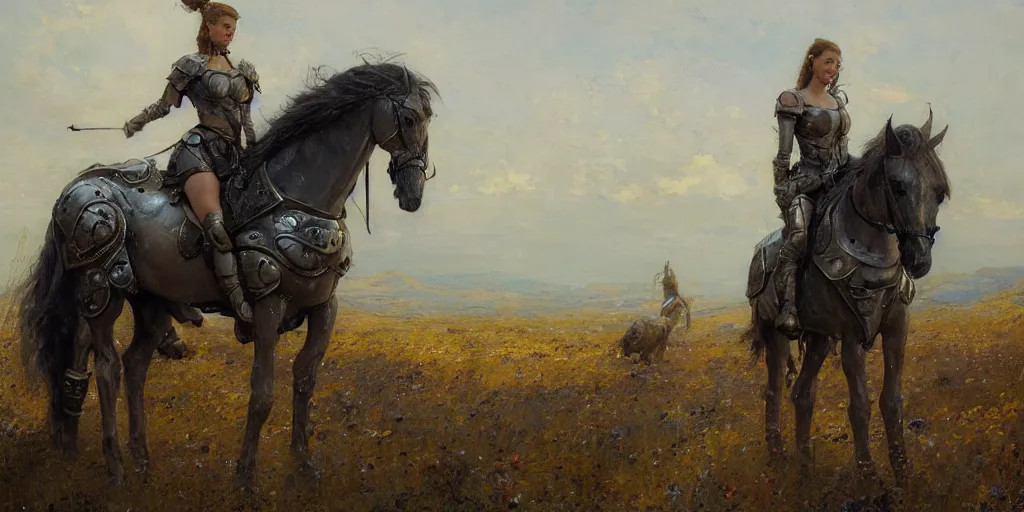 Image similar to portrait of girl medieval armor and one metal horse landscape of meadow poses by gaston bussiere, anna nikonova aka newmilky, greg rutkowski, yoji shinkawa, yoshitaka amano,, donato giancola, geoffroy thoorens, concept art, trending on artstation, featured on pixiv, cinematic composition, 8 k