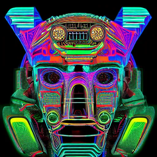 Prompt: hyperdetailed portrait of a cyberpunk aztec futurism robot head, 8 k, symetrical, flourescent colors, halluzinogenic, multicolored vector art, black background