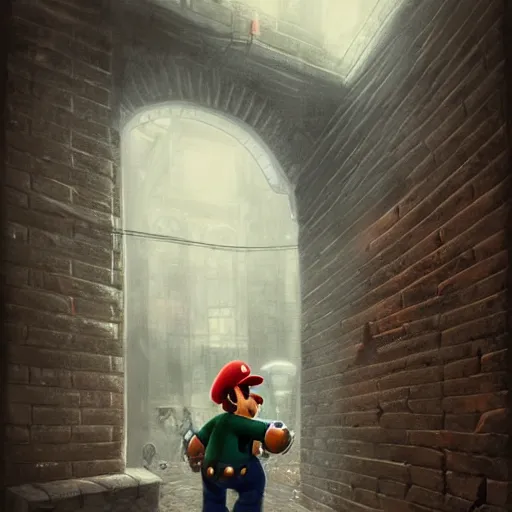 Image similar to man super mario, hiding behind a brick wall, dark mood, silent hill, highly detailed, digital painting, artstation, illustration, art by artgerm and greg rutkowski and alphonse mucha