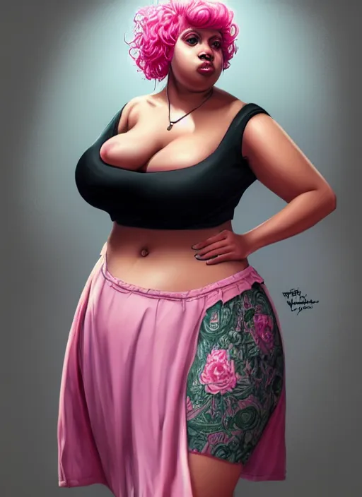 Image similar to full body portrait, teenage vanessa morgan, pink hair, obese, curly pixie hair, sultry, realistic, short hair, hoop earrings, skirt, shirt, fat, belly, black girl, intricate, elegant, highly detailed, digital painting, artstation, concept art, smooth, sharp focus, illustration, art by wlop, mars ravelo and greg rutkowski