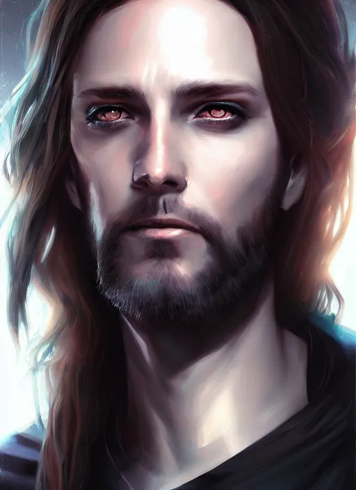 Prompt: « a portrait o cyberpunk jesus christ, glowing eyes, a digital painting by charlie bowater, featured on cgsociety, fantasy art, behance hd, wiccan, artstation hd »