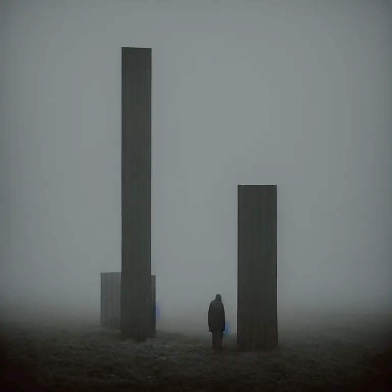 Image similar to the tall thin liminal observer droid by dennis mejillones, in a brutalist yet rural landscape by simon stalenhag, 3 5 mm film photography, dawn, eerie fog