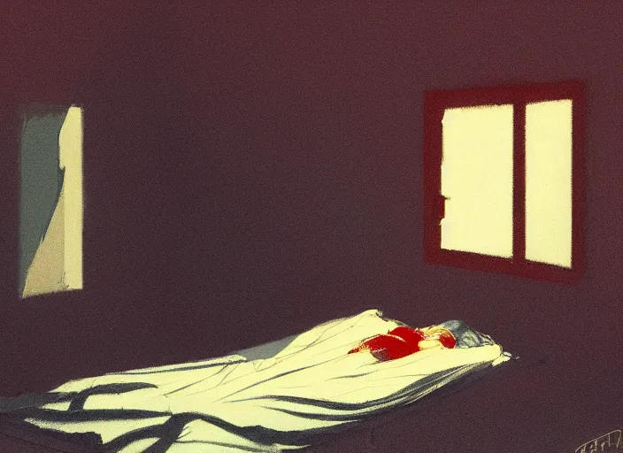 Prompt: famous japanese actress girl seeing the shadow of her desires on the bed of abandoned nightmare house with a light from a window creating dreams, style of James Jean, Edward Hopper, Francis Bacon, colors of Mark Rothko, Frank Auerbach, trending on artstation, Greg Rutkowski, dark atmosphere