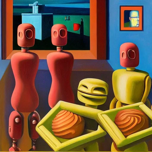 Prompt: robots made of ice cream, grant wood, pj crook, edward hopper, oil on canvas