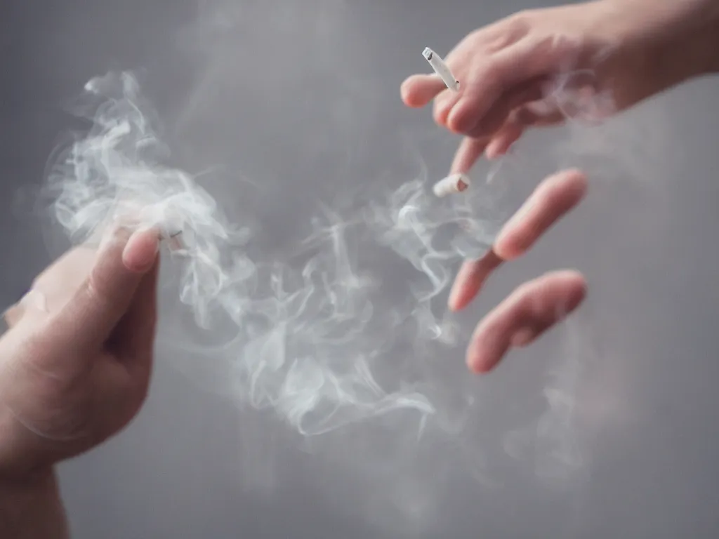 Image similar to Close-up view of hyperrealistic thin soft hand holding cigarette with smoke, hyper realistic photo