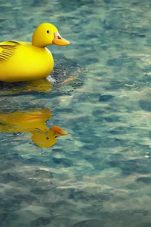 Image similar to bright yellow duck swimming on water, octane render, 3 d digital art by beeple, unreal engine 5, award winning, refraction, reflection